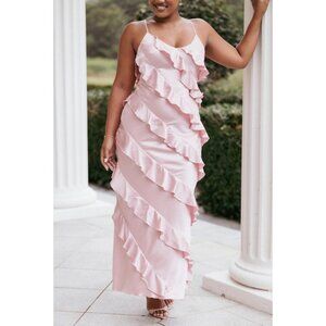 Petal + Pup Ciao Ruffles Maxi Satin Dress in Pink NEW